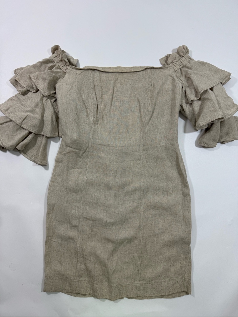 Jan Barboglio Off Shoulder Ruffle Linen Dress